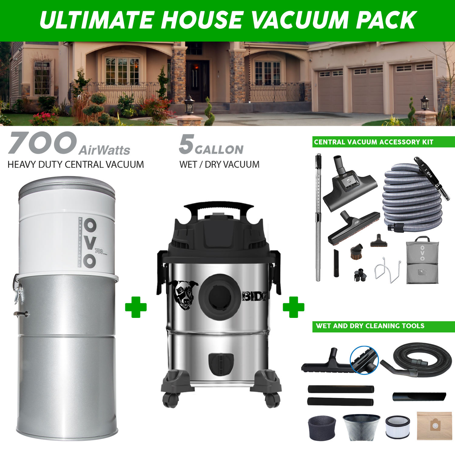 Ultimate house vacuum pack Central Vacuum, 700AW + 5 Gal. Wet/Dry Vacuum + Accessory kit and