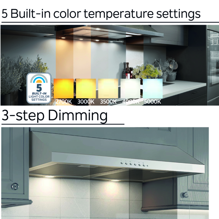 OVO 30-Inch Under Cabinet Range Hood, 700 CFM, 3-Speed, Stainless Steel Finish, Auto Shut-Off, Night-Light, 5-Color Temperature (5CCT) LED Lights, Quiet, Energy-Efficient - Image 3