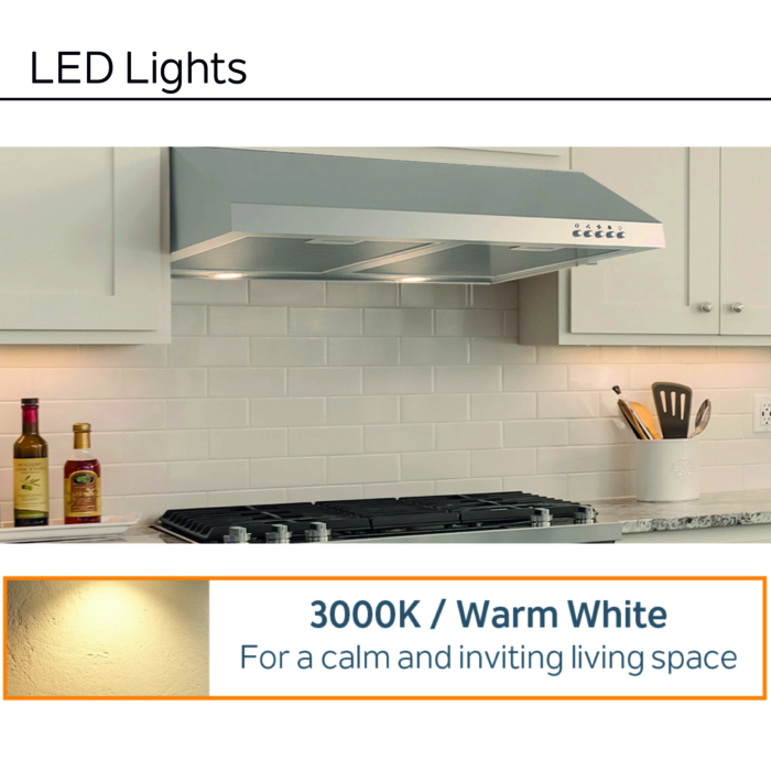 OVO 30-Inch Under Cabinet Range Hood, 700 CFM, 3-Speed, Stainless Steel Finish, 3000K LED Lights, Quiet, Energy-Efficient - Image 3