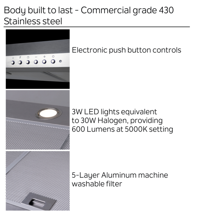 OVO 30-Inch Under Cabinet Range Hood, 700 CFM, 3-Speed, Stainless Steel Finish, Auto Shut-Off, Night-Light, 5-Color Temperature (5CCT) LED Lights, Quiet, Energy-Efficient - Image 6