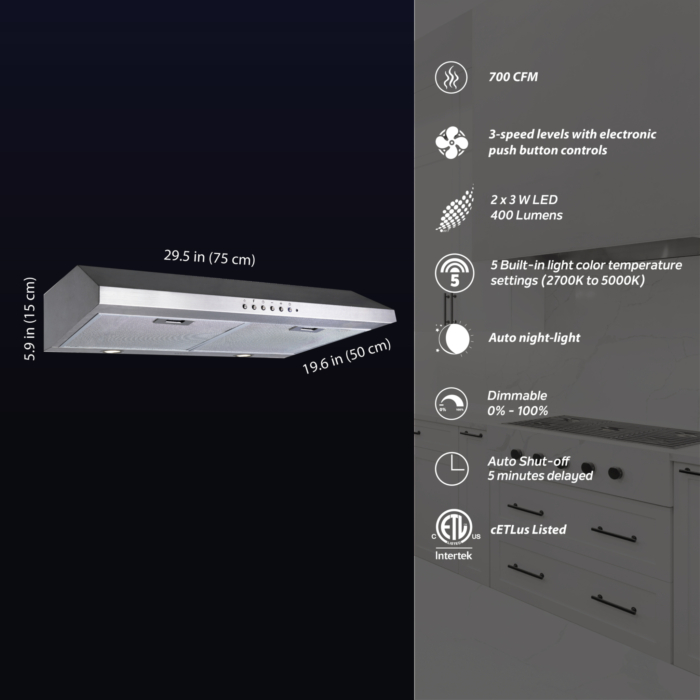 OVO 30-Inch Under Cabinet Range Hood, 700 CFM, 3-Speed, Stainless Steel Finish, Auto Shut-Off, Night-Light, 5-Color Temperature (5CCT) LED Lights, Quiet, Energy-Efficient - Image 2