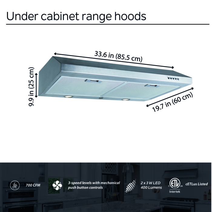 OVO 30-Inch Under Cabinet Range Hood, 700 CFM, 3-Speed, Stainless Steel Finish, 3000K LED Lights, Quiet, Energy-Efficient - Image 2
