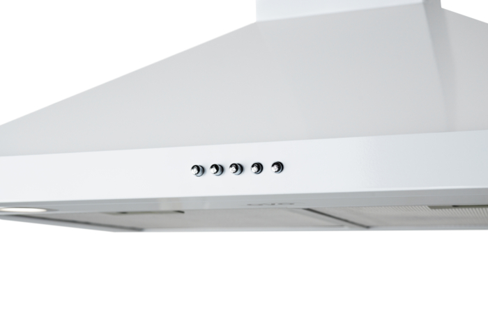 OVO 450 CFM, 30 inch Wall Mount Convertible Range Hood Vent with 3 Speed Exhaust Fan, Push Button Controls, Stainless Steel Kitchen Hood, Ducted and Ductless Convertible Vent Hood, Pyramid Chimney Style, White - Image 4